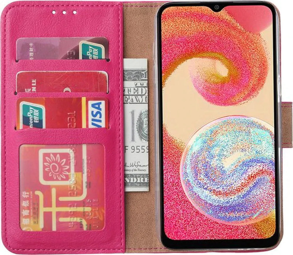 Samsung Galaxy A04E Hoesjes – Portemonnee Hoes – Pasjeshouder – 2 Pack Screenprotector – Roze-Ilumina Benelux