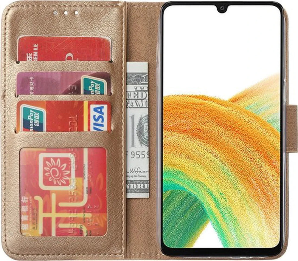 Samsung Galaxy A04E Hoesjes – Portemonnee Hoes – 2 Pack Screenprotector – Pasjeshouder – Goud-Ilumina Benelux