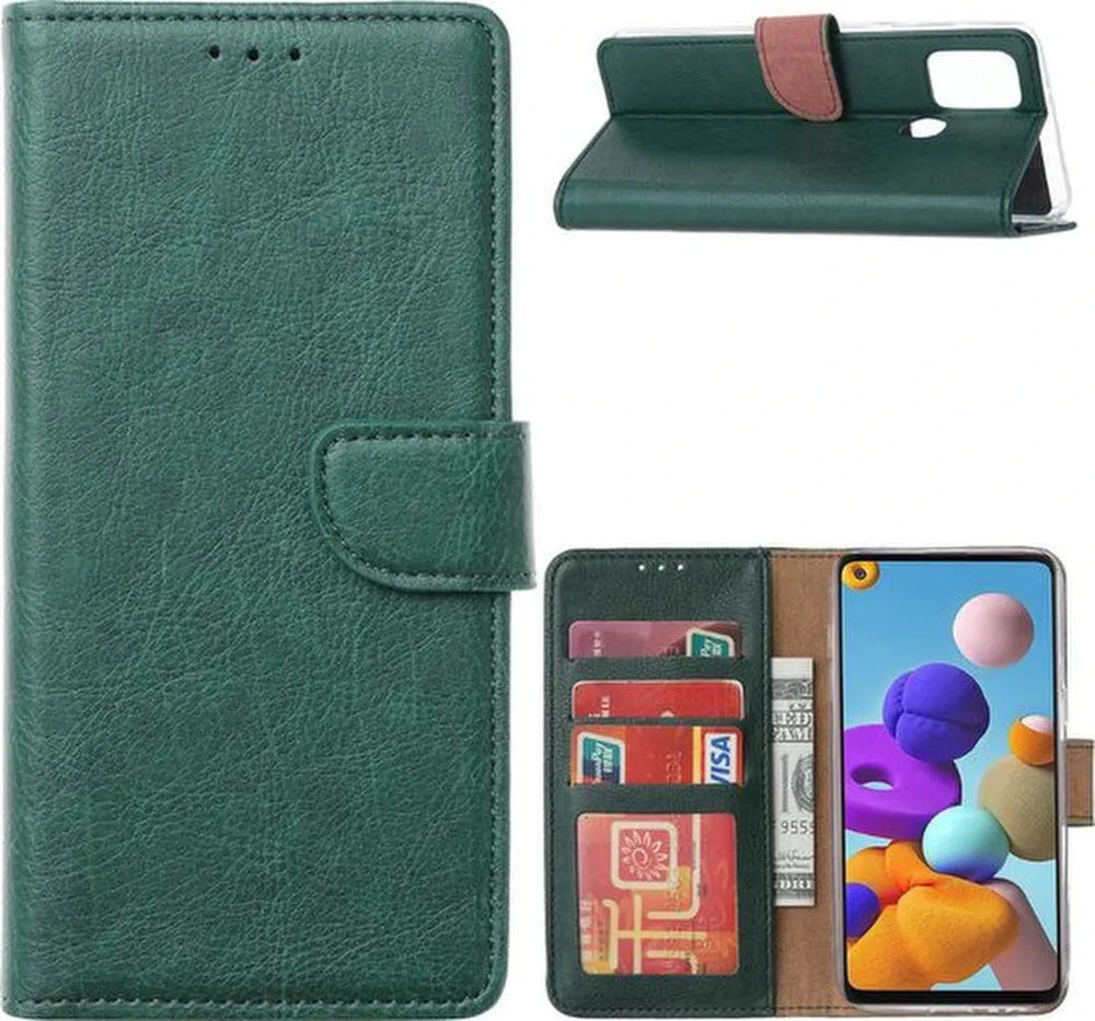 Samsung Galaxy A21S Hoesjes – Portemonnee Hoes – 2 Pack Screenprotector – Pasjeshouder – Groen-Ilumina Benelux