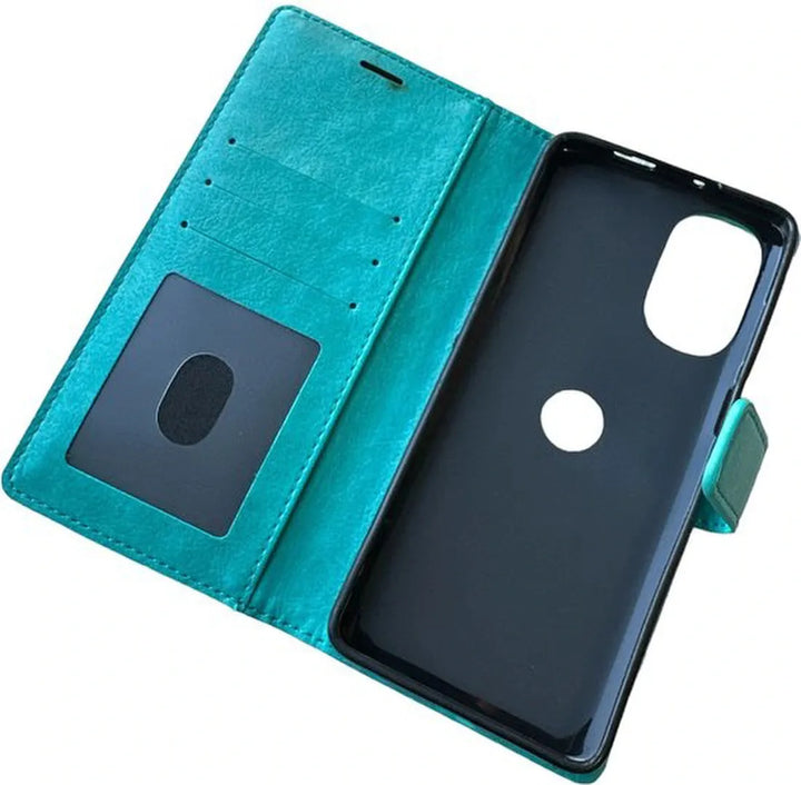 Motorola Moto G62 5G Hoesjes – Portemonnee Bookcase – Pasjeshouder – 2 Pack Gehard Glas – Turquoise-Ilumina Benelux
