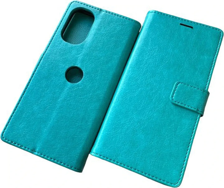 Motorola Moto G62 5G Hoesjes – Portemonnee Bookcase – Pasjeshouder – Magneetsluiting – Turquoise-Ilumina Benelux