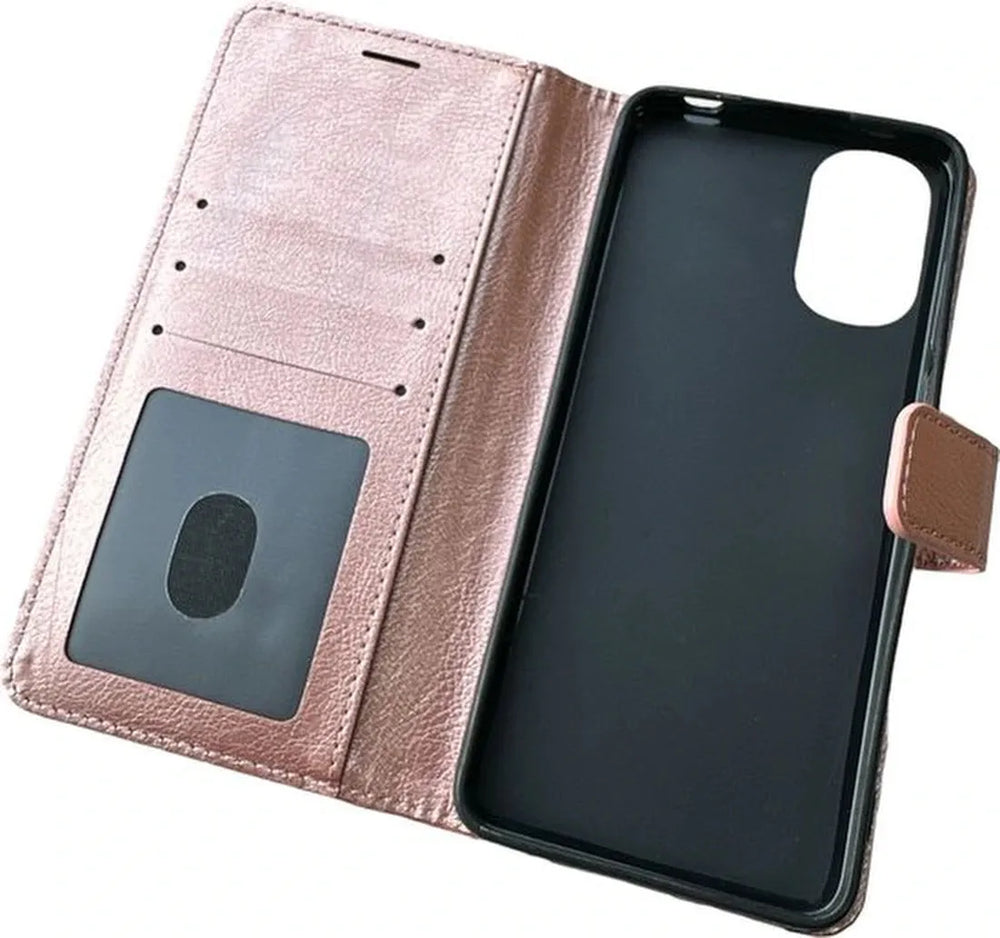 Motorola Moto E32 Hoesjes – Portemonnee Bookcase – Pasjeshouder – 2x Gehard Glas Screenprotector – Roségoud-Ilumina Benelux