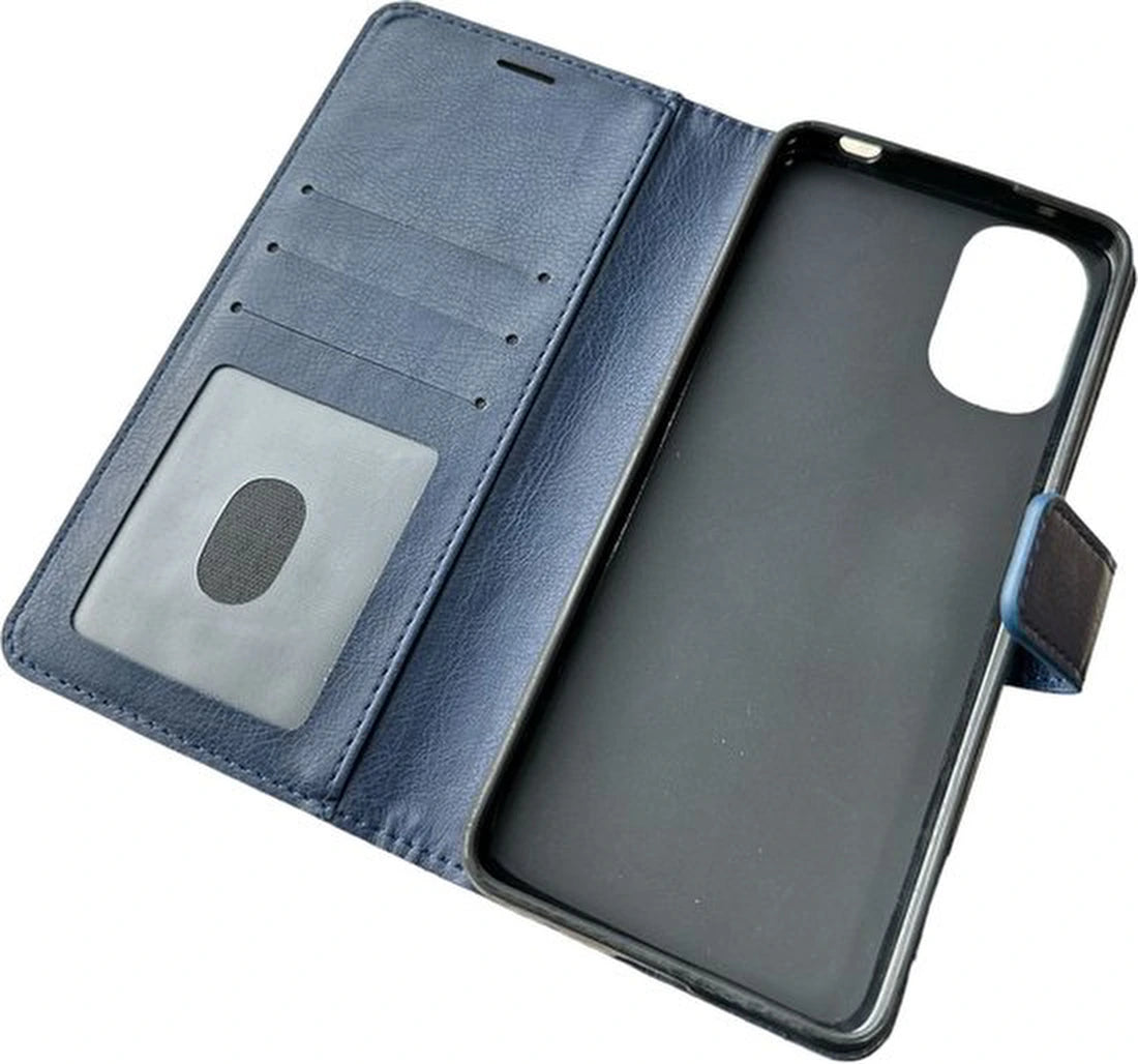 Portemonnee Bookcase Hoesje + 2 Pack Glas Geschikt voor: Motorola Moto E32 / E32s - Blauw