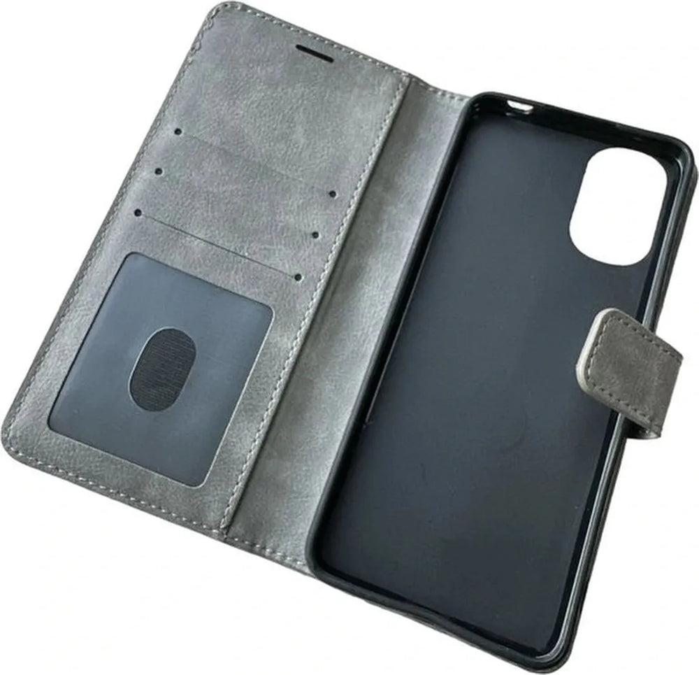 Motorola Moto E32 Hoesjes – Portemonnee Bookcase – Pasjeshouder – Magneetsluiting – Grijs-Ilumina Benelux