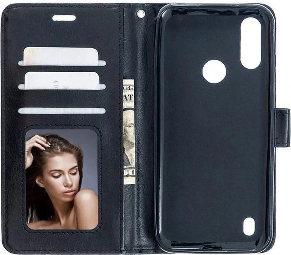 Motorola Moto E6s / E6+ Hoesjes – Portemonnee Book Case – Pasjeshouder – 2x Screenprotector – Zwart-Ilumina Benelux
