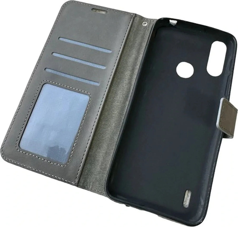 Motorola Moto E7i Power Hoesjes – Portemonnee Book Case – Pasjeshouder – 2x Screenprotector – Grijs-Ilumina Benelux
