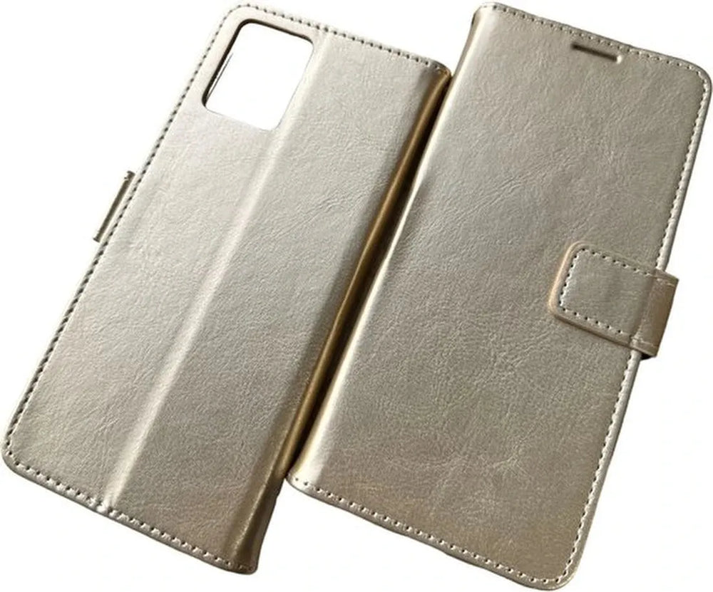 Motorola Moto G73 Hoesjes – Portemonnee Bookcase – Pasjeshouder – 2 Pack Gehard Glas – Goud-Ilumina Benelux