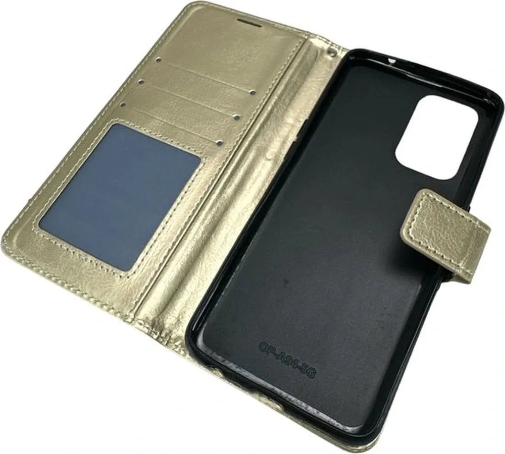 Oppo Reno 5 Lite Hoesjes – Portemonnee Bookcase – Pasjeshouder – 2 Pack Screenprotector Gehard Glas – Goud-Ilumina Benelux