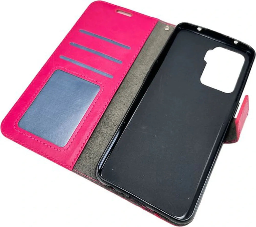 Oppo Reno 5 Lite Hoesjes – Portemonnee Bookcase – Pasjeshouder – 2 Pack Screenprotector Gehard Glas – Roze-Ilumina Benelux