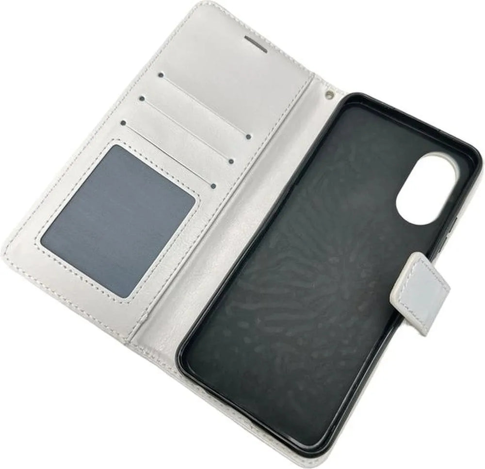Oppo A17 Hoesjes – Portemonnee Bookcase – Pasjeshouder – Magneetsluiting – Wit-Ilumina Benelux