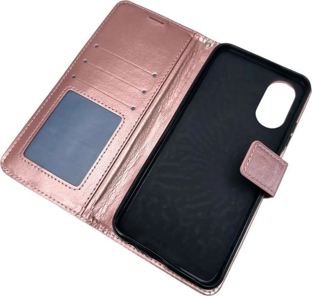Oppo A17 Hoesjes – Portemonnee Bookcase – Magneetsluiting – 2 Pack Screenprotector Gehard Glas – Roségoud-Ilumina Benelux