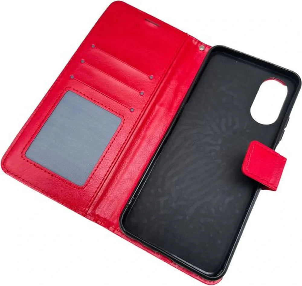 Oppo A17 Hoesjes – Portemonnee Bookcase – Pasjeshouder – 2 Pack Screenprotector Gehard Glas – Rood-Ilumina Benelux