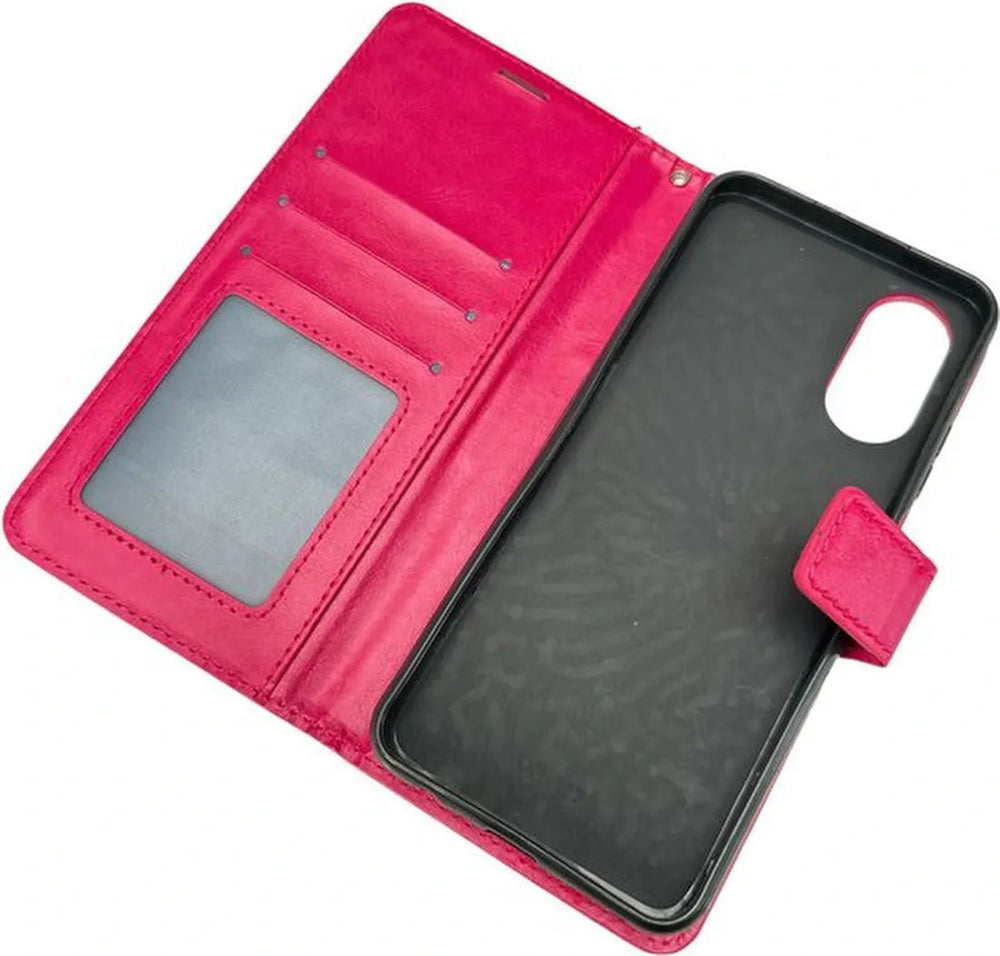 Oppo A17 Hoesjes – Portemonnee Bookcase – Pasjeshouder – 2 Pack Screenprotector Gehard Glas – Roze-Ilumina Benelux