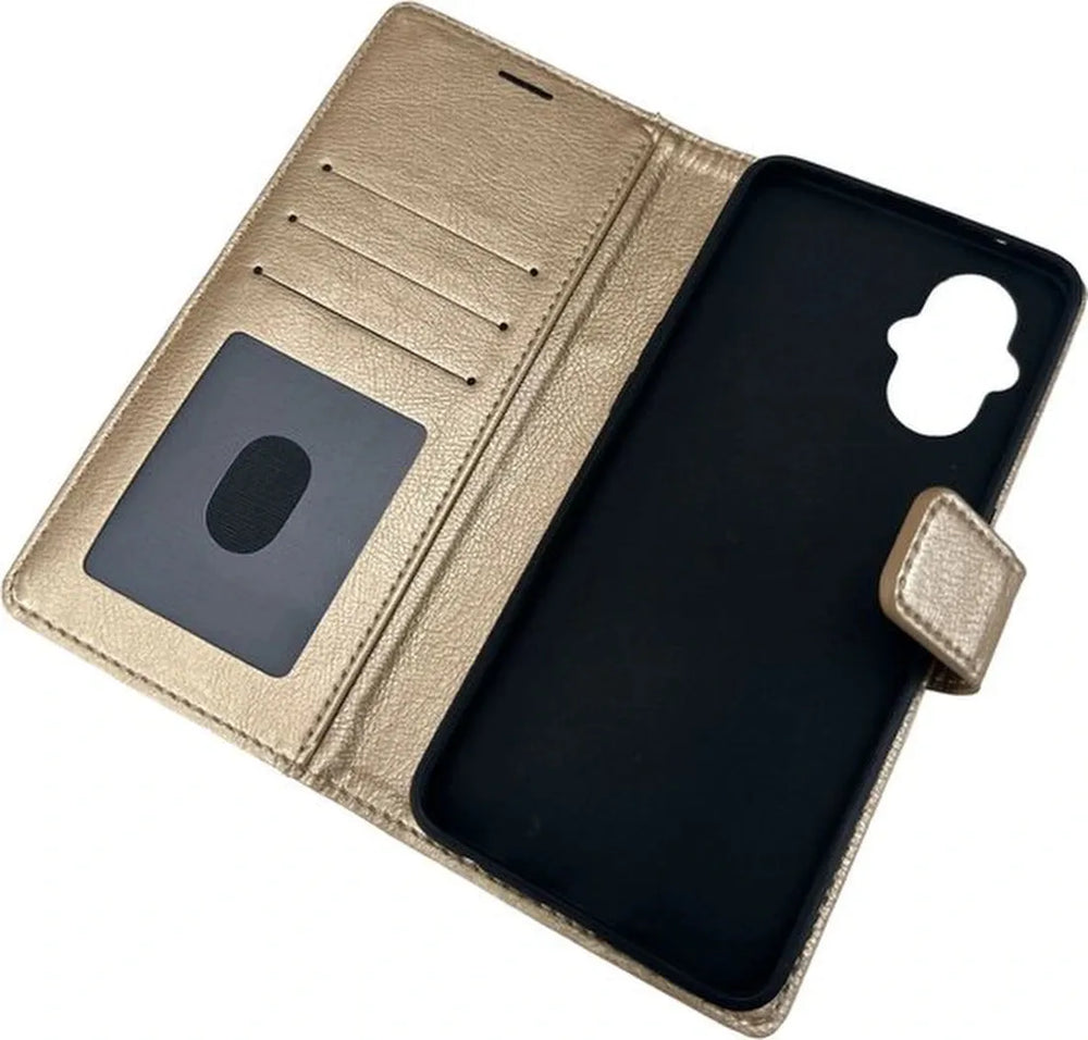 Oppo Reno 8 Lite Hoesjes – Portemonnee Bookcase – Pasjeshouder – 2-Pack Screenprotector Gehard Glas – Goud-Ilumina Benelux