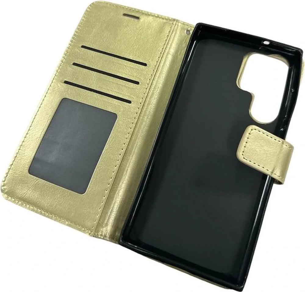Samsung Galaxy S24 Ultra Hoesjes – Portemonnee Book Case – Pasjeshouder – 2x Gehard Glas Screenprotector – Goud-Ilumina Benelux