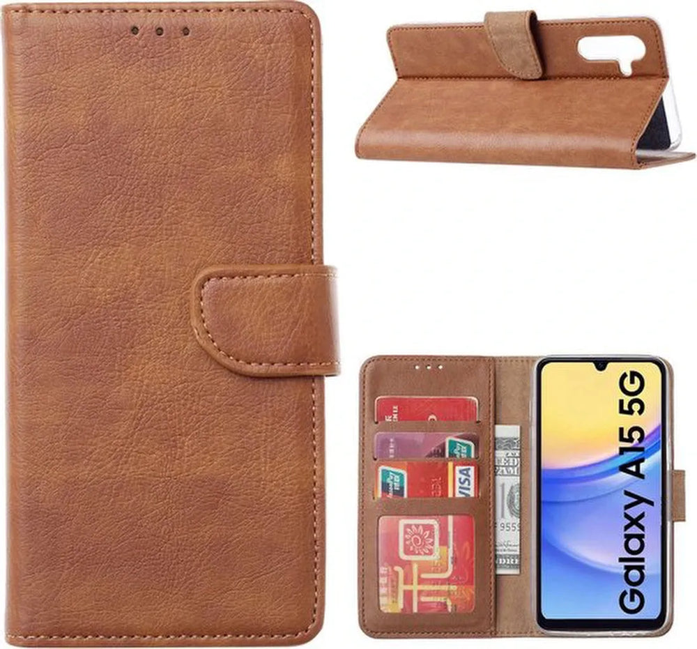 Samsung Galaxy A15 Hoesjes – Portemonnee Book Case – Pasjeshouder – Magneetsluiting – Lichtbruin-Ilumina Benelux