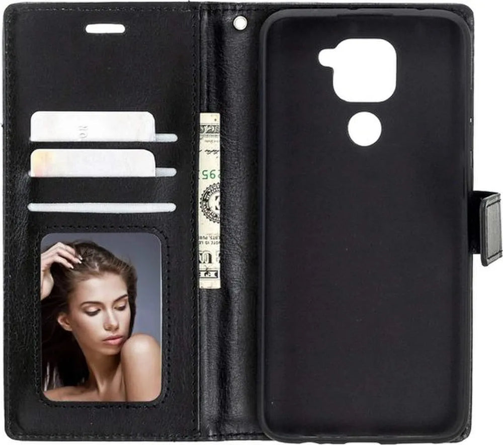 Xiaomi Redmi Note 9 Hoesjes – Portemonnee Book Case – Pasjeshouder – 2x Gehard Glas Screenprotector – Zwart-Ilumina Benelux