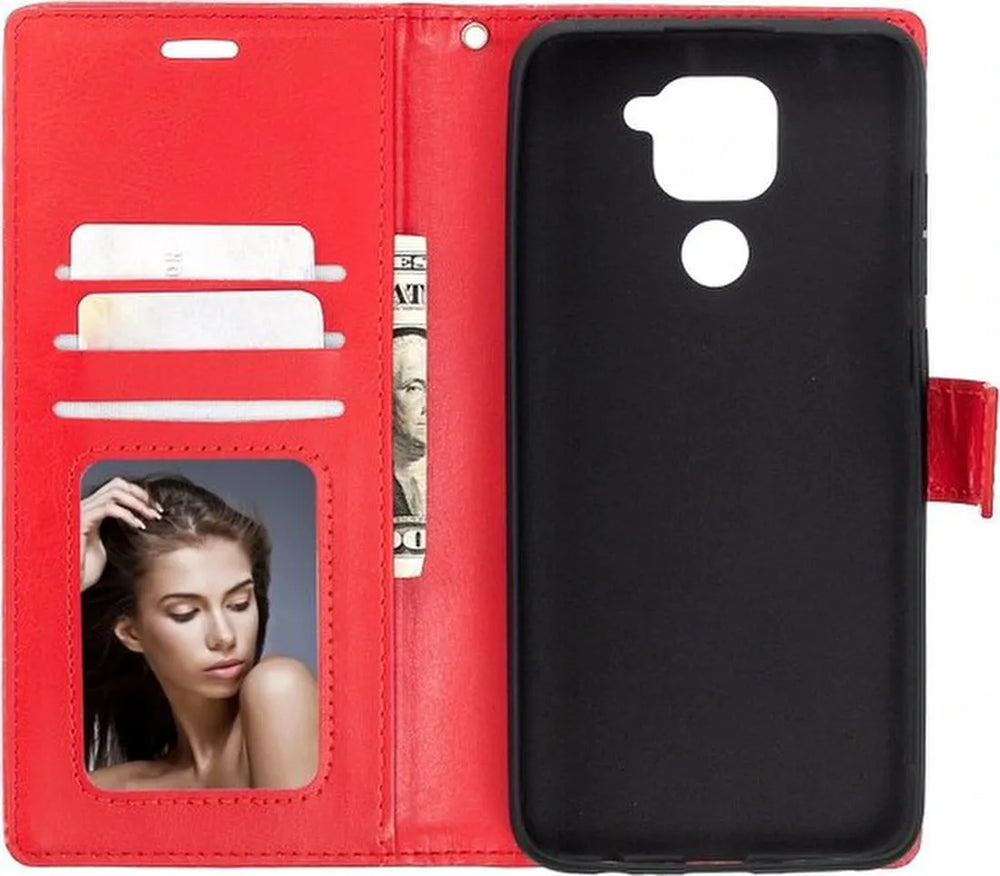 Xiaomi Redmi Note 9 Hoesjes – Portemonnee Book Case – Magneetsluiting – 2x Gehard Glas Screenprotector – Rood-Ilumina Benelux