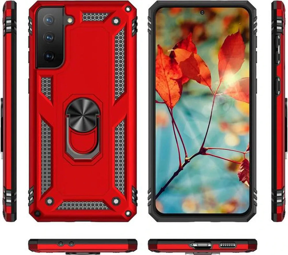 Samsung Galaxy S21 5G Hoesjes – Anti-Shock Hybride Ring Armor Backcover – Schokbestendig – Rood-Ilumina Benelux