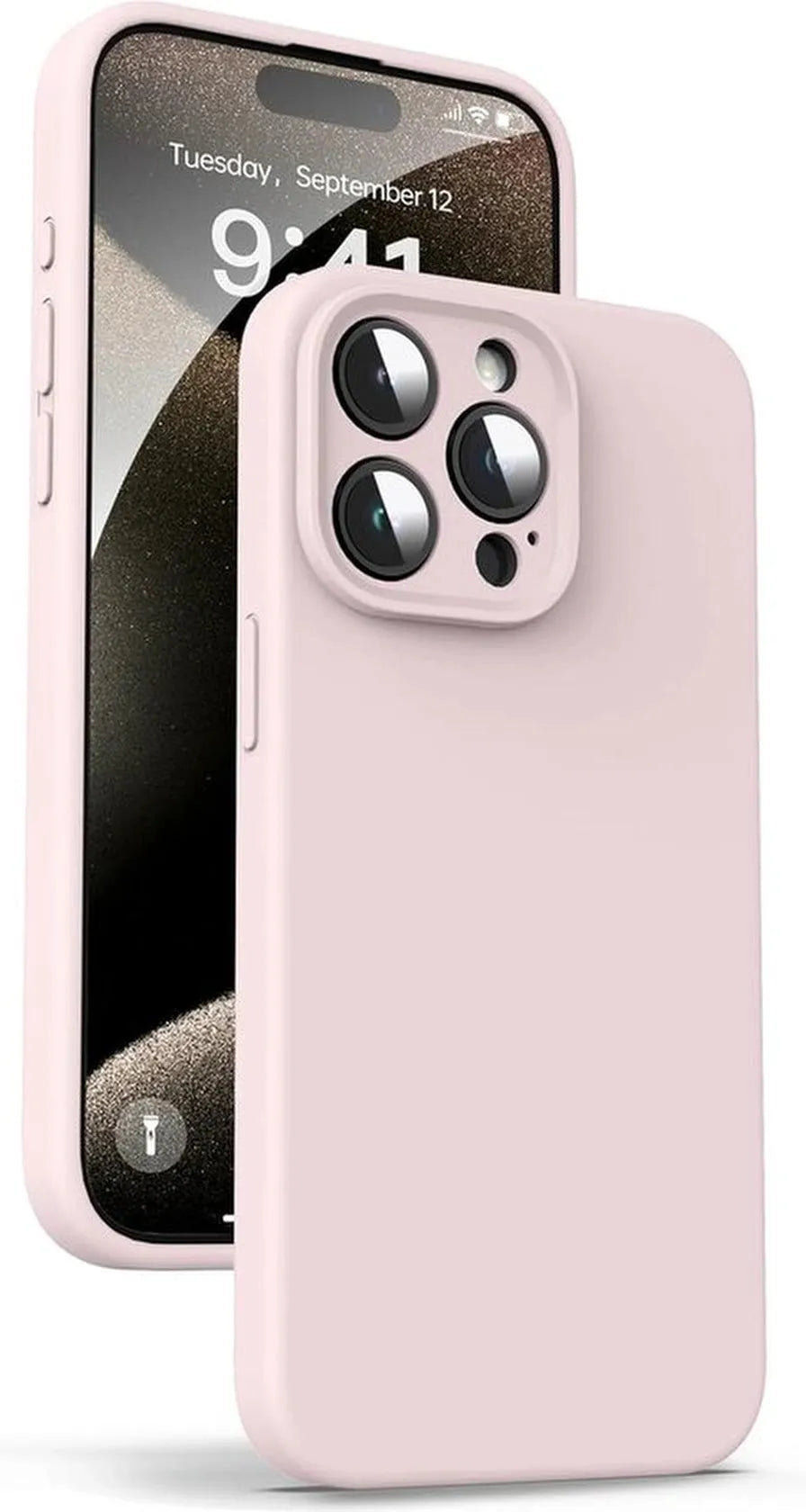 iPhone 15 Pro Hoesjes – Liquid Siliconen Backcover – TPU Flexibel – Camera Allround Bescherming – Lichtroze-Ilumina Benelux