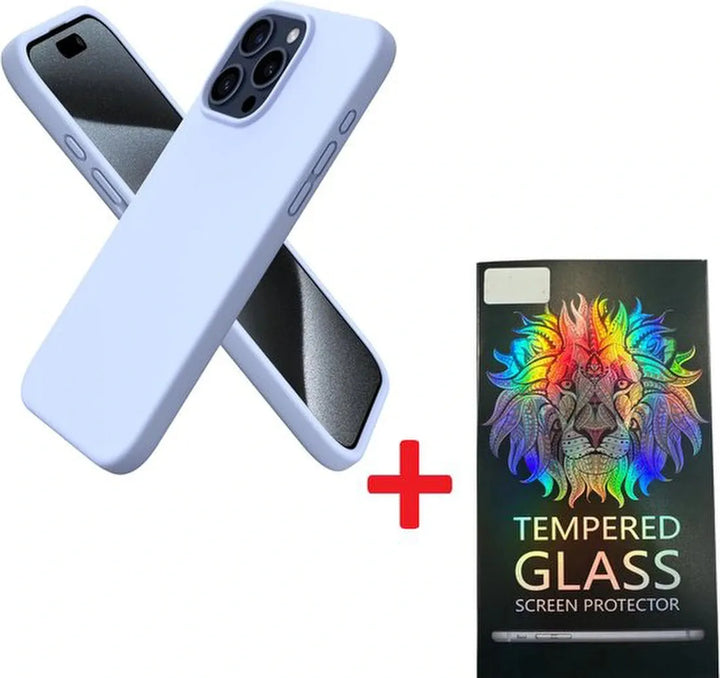 iPhone 15 Pro Max Hoesjes – Liquid Siliconen Backcover + Screenprotector – Camera all-round bescherming – Lichtblauw-Ilumina Benelux