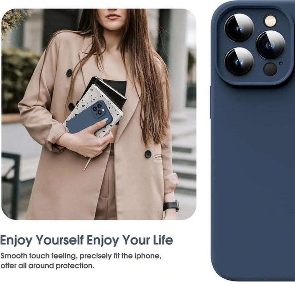 iPhone 15 Pro Hoesjes – Liquid Siliconen Backcover + Screenprotector – Camera Allround Bescherming – Middernachtblauw-Ilumina Benelux