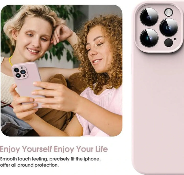 iPhone 15 Pro Hoesjes – Liquid Siliconen Backcover + Screenprotector – Camera Allround Bescherming – Lichtroze-Ilumina Benelux