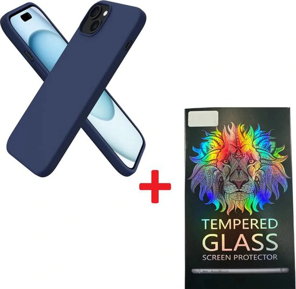 iPhone 15 Plus Hoesjes – Liquid Siliconen Backcover + Screenprotector – Camera All-round Bescherming – Middernachtblauw-Ilumina Benelux