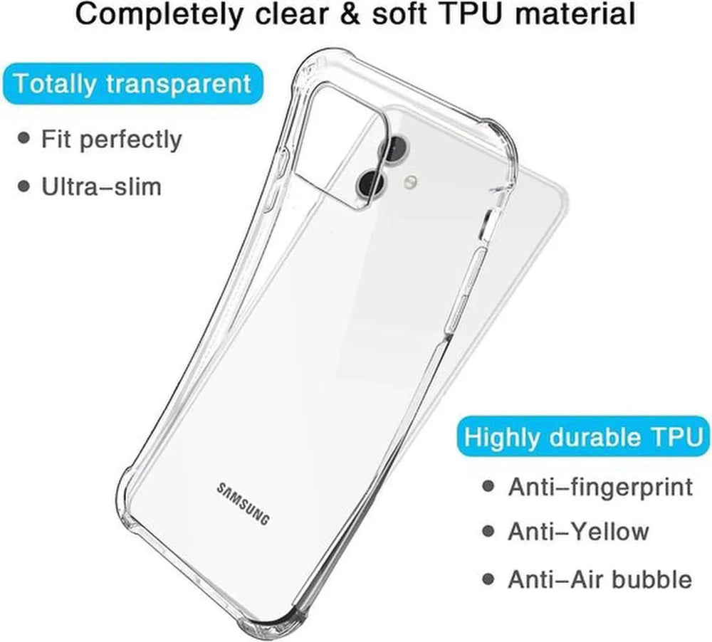 Samsung Galaxy A04e Hoesjes – Anti-Shock Siliconen Backcover – Schokbestendig – 3x Screenprotector Gehard Glas – Transparant-Ilumina Benelux
