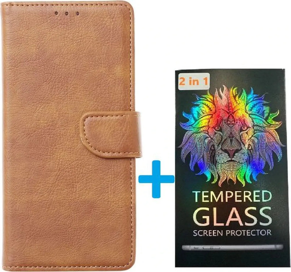 Samsung Galaxy A55 Hoesjes – Portemonnee Book Case – Magneetsluiting – 2x Gehard Glas Screenprotector – Lichtbruin-Ilumina Benelux