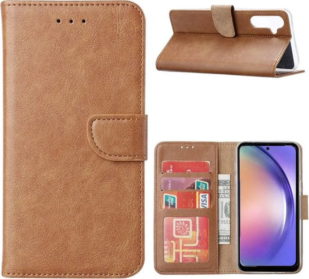Samsung Galaxy A55 Hoesjes – Portemonnee Book Case – Magneetsluiting – 2x Gehard Glas Screenprotector – Lichtbruin-Ilumina Benelux