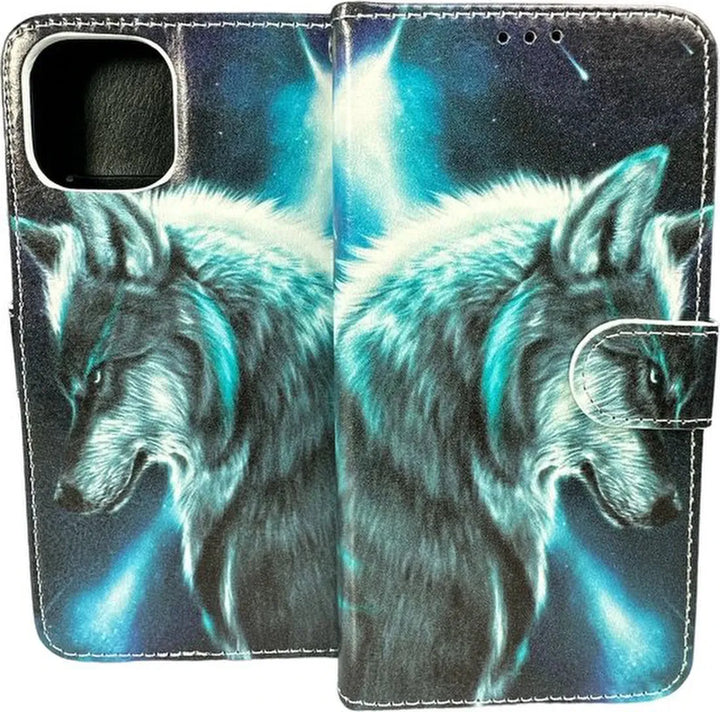 iPhone 14 Hoesjes – Portemonnee Book Case – Pasjeshouder – Wolf Print-Ilumina Benelux