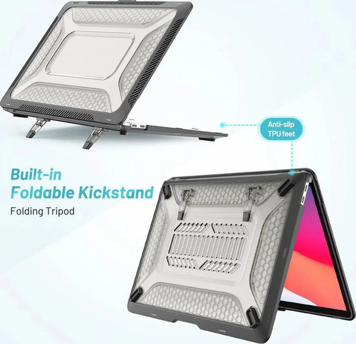 Laptophoes – Geschikt voor MacBook Air 13.3 A2337/A2179/A1932 – Heavy Duty Armor – Standfunctie – Zwart-Laptopcover-Ilumina Benelux