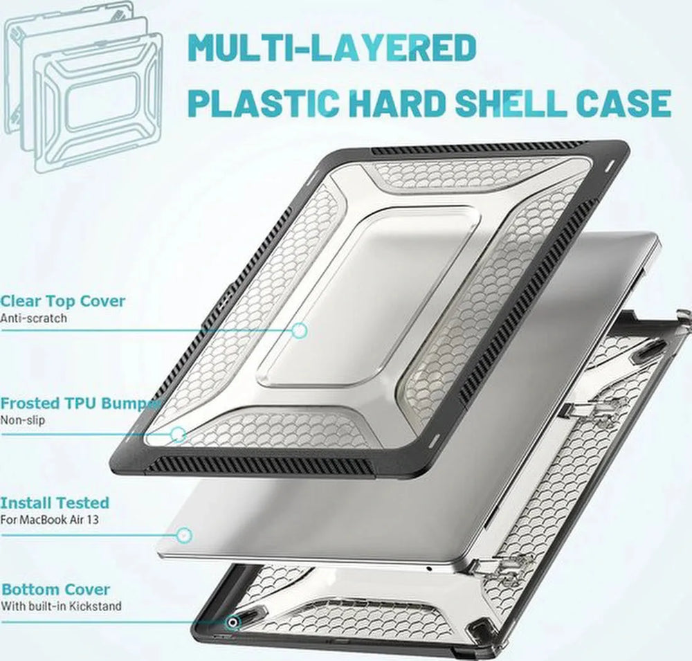 Laptophoes – Geschikt voor MacBook Air 13.3 A2337/A2179/A1932 – Heavy Duty Armor – Standfunctie – Zwart-Laptopcover-Ilumina Benelux
