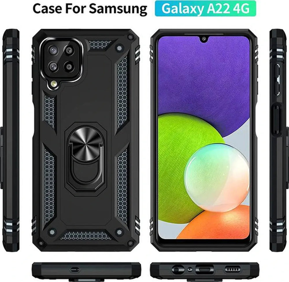 Samsung Galaxy A22 4G Hoesjes – Anti-Shock Hybride Ring Armor Backcover – Schokbestendig – Zwart-Ilumina Benelux