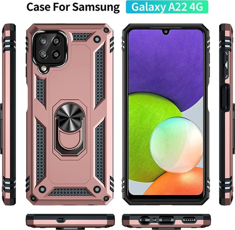 Samsung Galaxy A22 4G Hoesjes – Anti-Shock Hybride Backcover – Ringhouder – Armor Bescherming – Roségoud-Ilumina Benelux