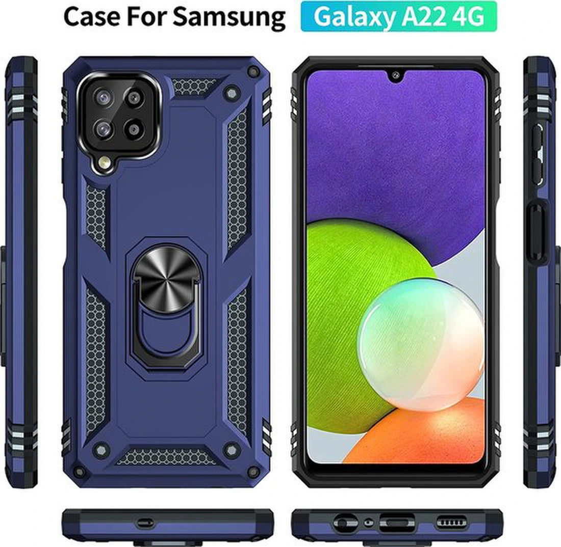 Samsung Galaxy A22 4G Hoesjes – Anti-Shock Hybride Backcover – Ringhouder – Armor Bescherming – Blauw