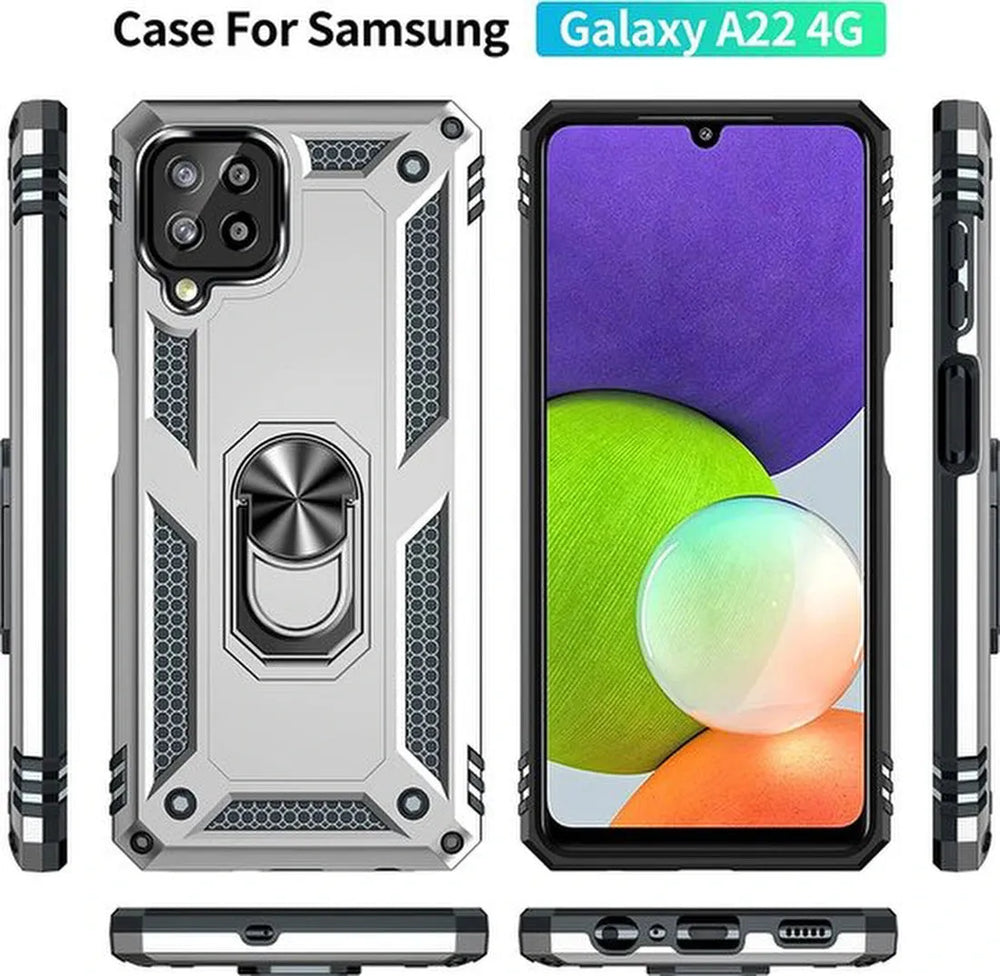 Samsung Galaxy A22 4G Hoesjes – Anti-Shock Hybride Ring Armor Backcover – Schokbestendig – Zilver-Ilumina Benelux
