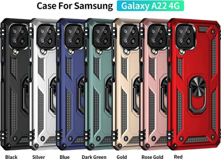 Samsung Galaxy A22 4G Hoesjes – Anti-Shock Hybride Ring Armor Backcover – Schokbestendig – Rood-Ilumina Benelux