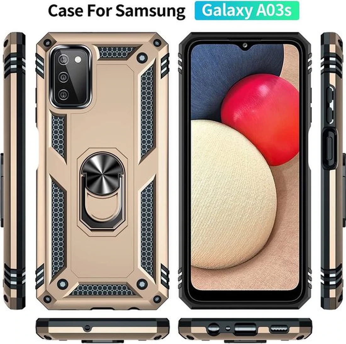 Samsung Galaxy A03S Hoesjes – Anti-Shock Hybride Ring Armor Backcover – Schokbestendig – Goud