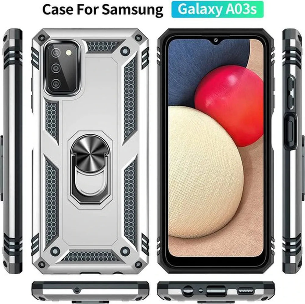 Samsung Galaxy A03S Hoesjes – Anti-Shock Hybride Ring Armor Backcover – Schokbestendig – Zilver-Ilumina Benelux