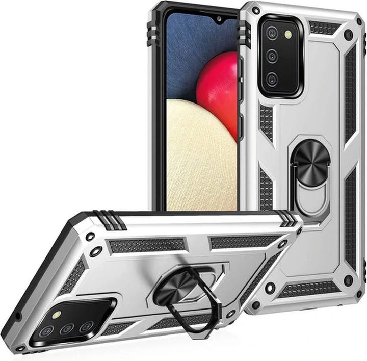 Samsung Galaxy A02S Hoesjes – Anti-Shock Hybride Ring Armor Backcover – Schokbestendig – Zilver-Ilumina Benelux