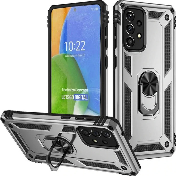 Samsung Galaxy A73 5G Hoesjes – Anti-Shock Hybride Ring Armor Backcover – Schokbestendig – Zilver-Ilumina Benelux