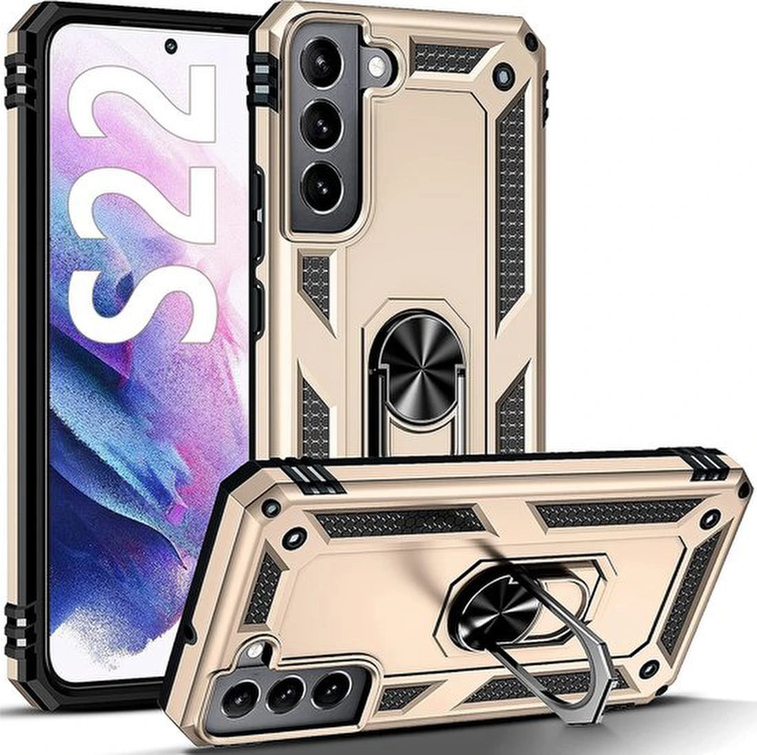 Anti-Shock Hybrid Ring Armor Hoesje Geschikt voor: Samsung Galaxy S22 - goud