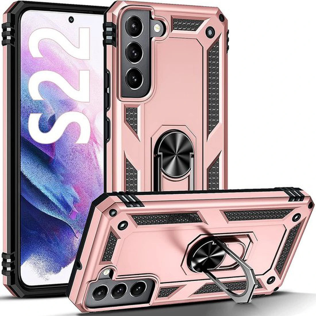 Anti-Shock Hybrid Ring Armor Hoesje Geschikt voor: Samsung Galaxy S22 - Roségoud