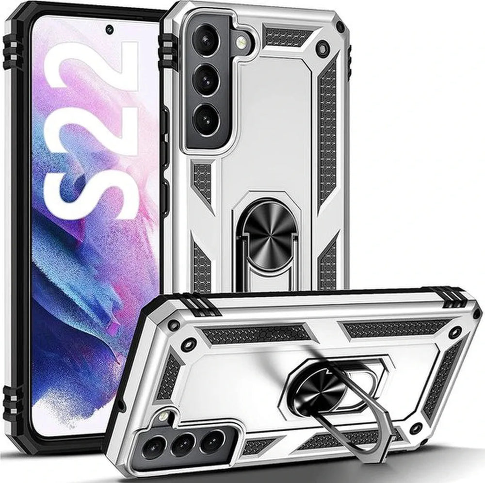 Samsung Galaxy S22 Hoesjes – Anti-Shock Hybride Ring Armor Backcover – Schokbestendig – Zilver-Ilumina Benelux