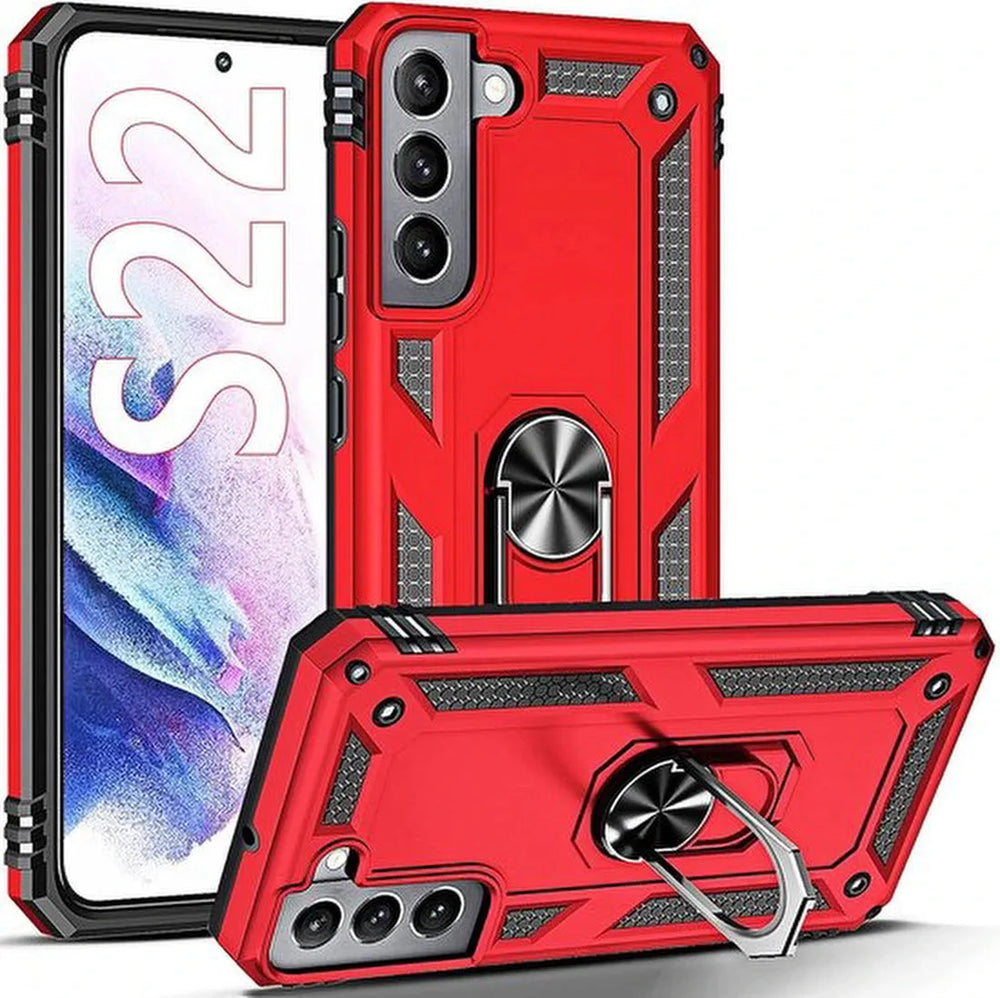 Samsung Galaxy S22 Hoesjes – Anti-Shock Hybride Ring Armor Backcover – Schokbestendig – Rood-Ilumina Benelux