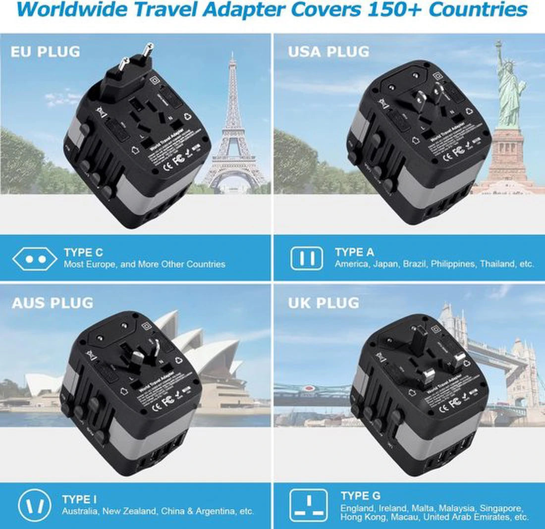 Universele Wereldstekker met 4 USB-C en USB Poorten - Internationale Reisstekker voor 150+ landen - EU - Engeland (UK) - Amerika (USA) - Australië - Azië - Zuid Amerika - Reis Adapter - Wereld Stekker - Oplader – Zwart