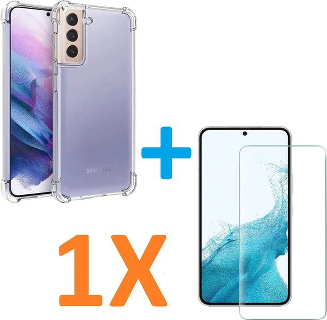 Anti-Shock silicone hoesje Transparant met 1 Pack Screenprotector Glas Geschikt voor: Samsung Galaxy S22