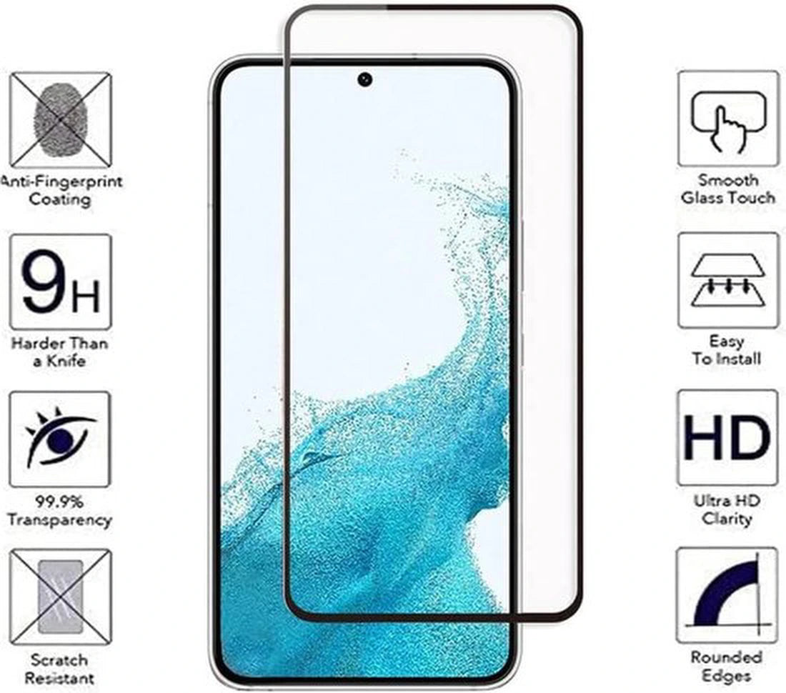 Samsung Galaxy S22 Hoesjes – Soft TPU Siliconen Backcover + Screenprotector Full Cover + Camera Lens Protector – Zwart